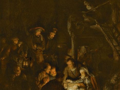 Reprodução da tela "A adoração dos pastores" (Rembrandt, 1646)