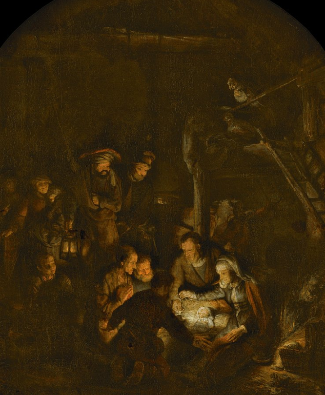 Reprodução da tela "A adoração dos pastores" (Rembrandt, 1646)